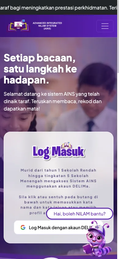 Laman utama AINS pada telefon dengan kotak Log Masuk dan butang Log Masuk dengan akaun DELIMa