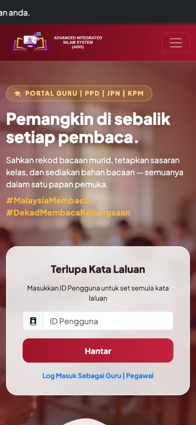 Borang Terlupa Kata Laluan di Portal Guru AINS pada telefon, dengan satu ruangan ID Pengguna dan butang Hantar