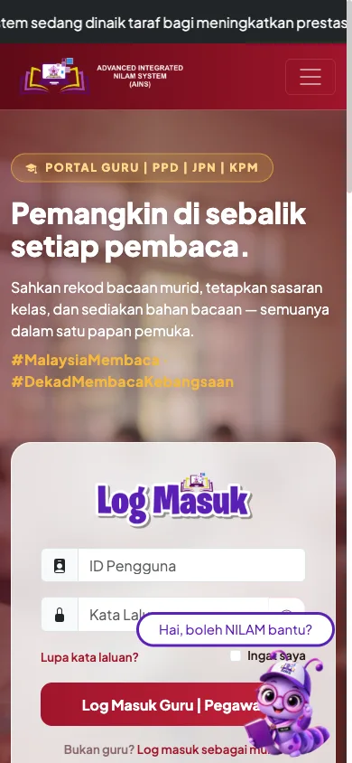 Portal Guru AINS pada telefon dengan borang log masuk ID Pengguna dan Kata Laluan